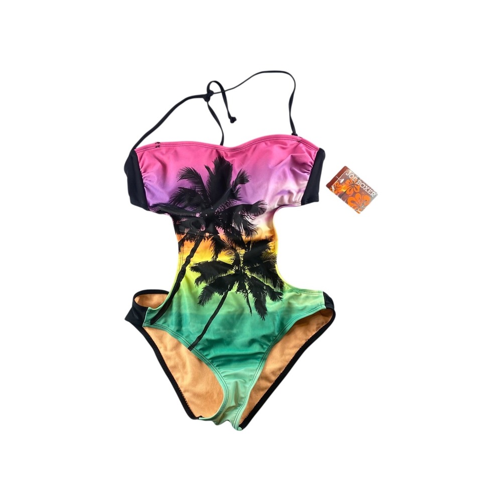 NWT JOE BOXER One Piece Swimsuit Palm Tree Sunset‎ Ombre Cutout Halter M M